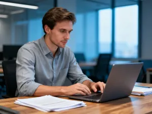 Kobieta trzymająca kartę płatniczą na tle laptopa z widocznym interfejsem bankowości internetowej.