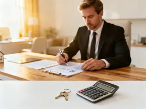Kobieta w profesjonalnym biurze analizująca dokumenty finansowe dotyczące darowizny.