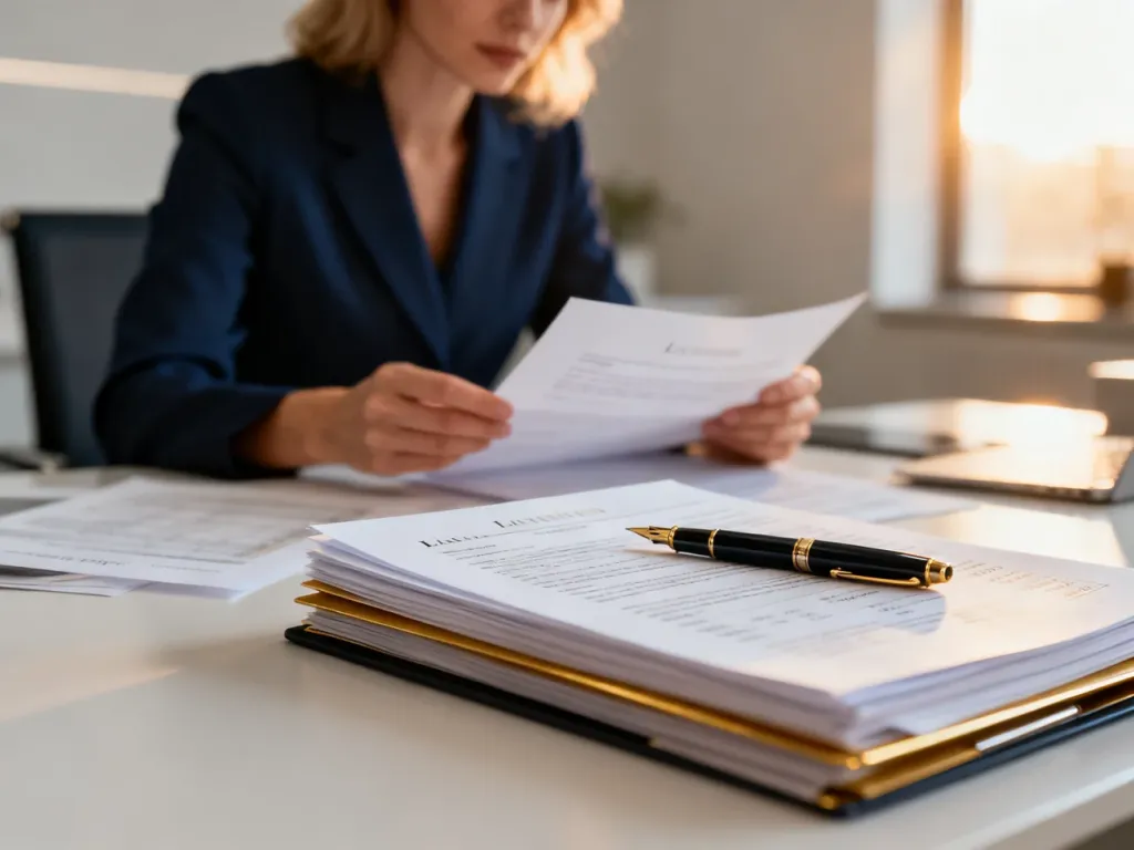 Kobieta w profesjonalnym biurze analizująca dokumenty finansowe dotyczące darowizny.